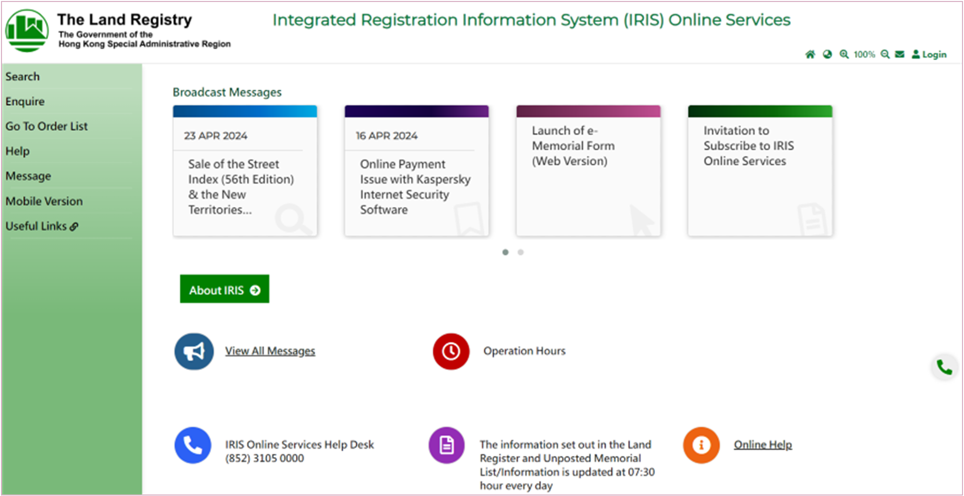 Homepage of IRIS Online Services